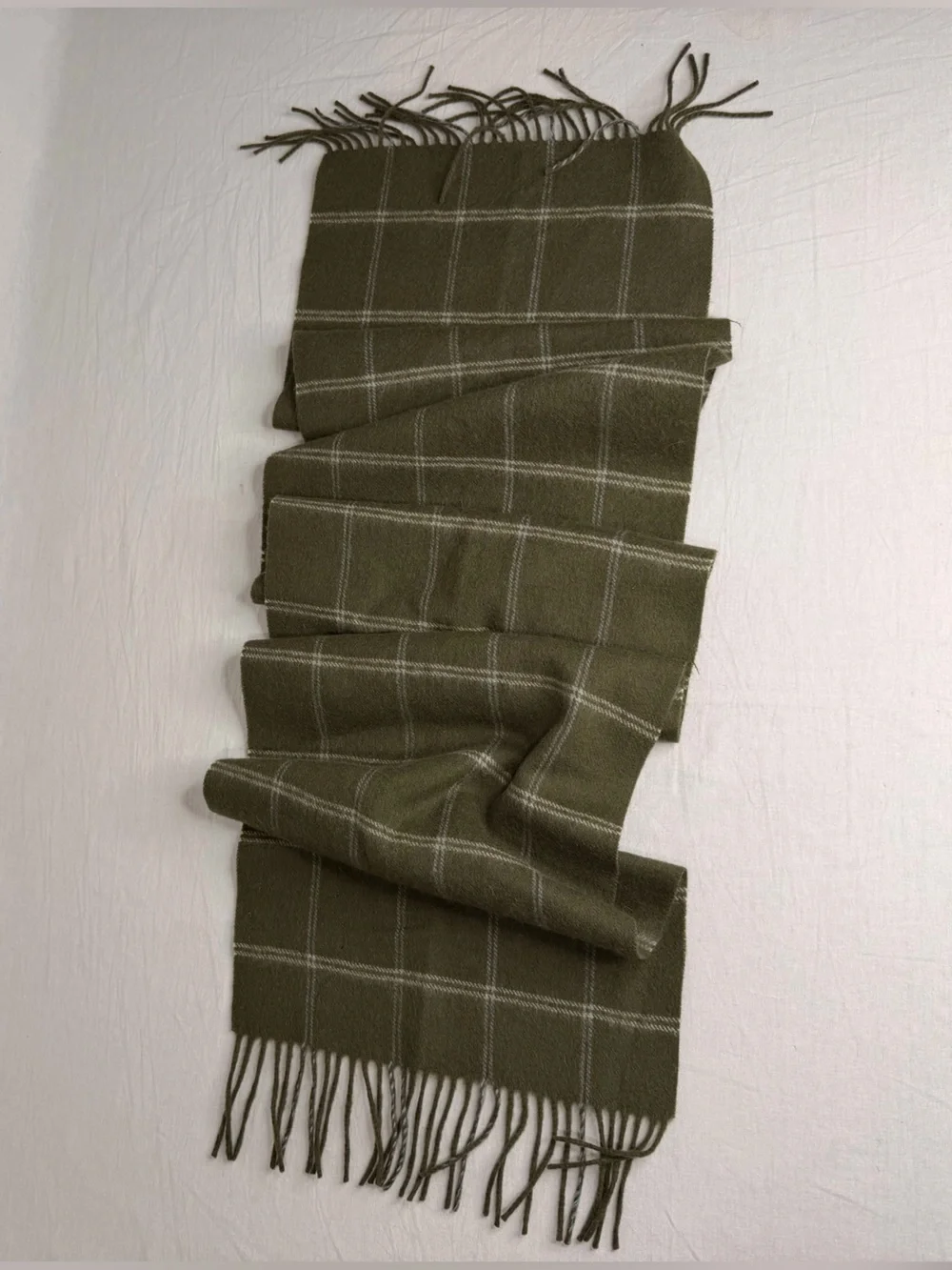 Pronto Uomo 100 Pure New Wool Scarf Olive Green Windowpane Fringe Woolmark